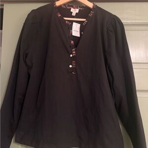 J. Crew Black Long Sleeve Henley with Multicolor Stripe Trim